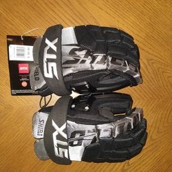 New (black with silver) STX Shield Lacrosse Goalie Gloves 12" (medium)