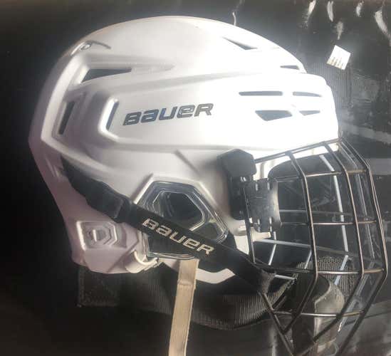 White Used Large Bauer Re-Akt 150 Helmet with Black Cage