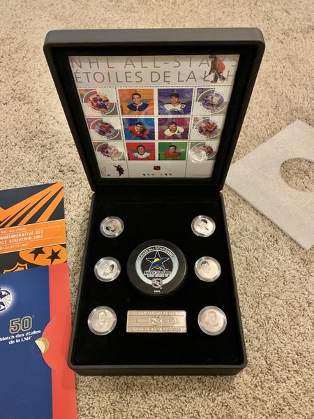 2003 NHL ALL-STAR COLLECTIBLE STAMP, MEDALLION AND PUCK COMMEMORATIVE HOCKEY SET + COASTER SET