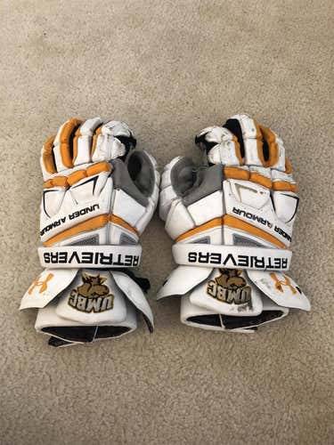 White Used Player's Under Armour Engage 13" Lacrosse Gloves