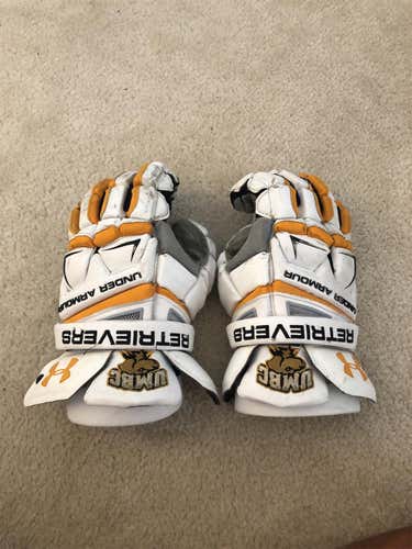 White Used Player's Under Armour Engage 13" Lacrosse Gloves