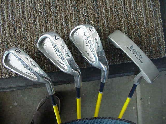 SET OF 4 MATCHING DUNLOP LOCO YOUTH GOLF CLUBS W NEW GRIPS 3 IRONS & PUTTER lss