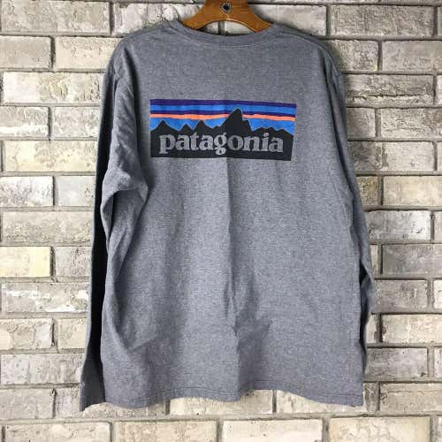 PATAGONIA Mens Large Logo Long Sleeve Graphic Shirt RESPONSIBILI-TEE Gray Shirt