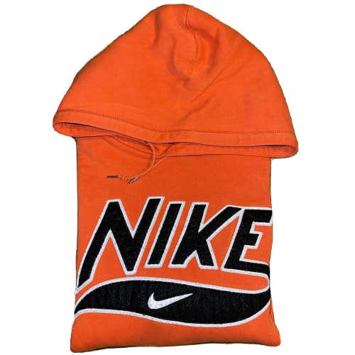 Nike Big Swoosh Spellout Drawstring Plush Carpet Sweatshirt Hoodie Orange Sz XL
