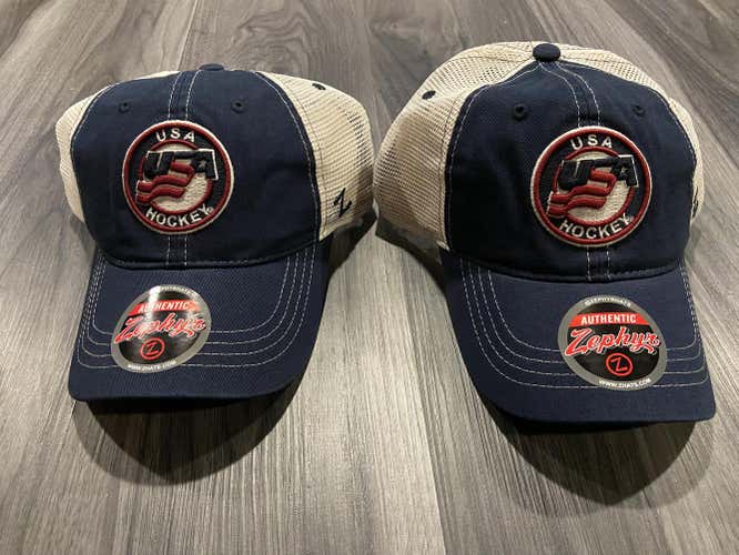NEW - USA Hockey Hats, BOTH! New With Tag. Ice Hockey, Roller Hockey, Red, Cream, Blue hats