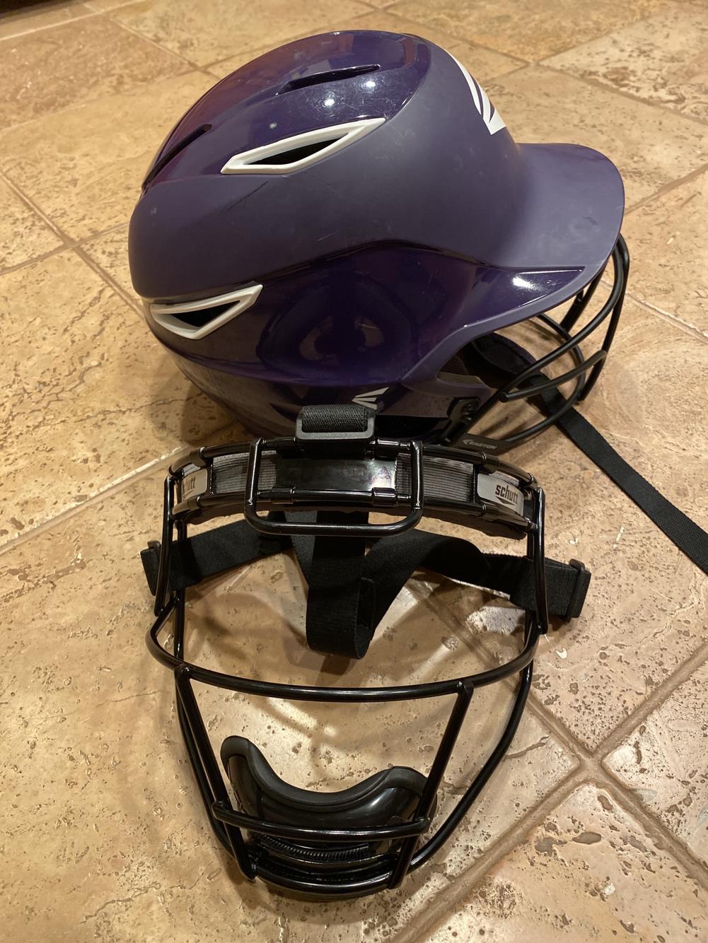 Easton Z7 batting helmet with cage; purple plus Extra Schutt Fielders
