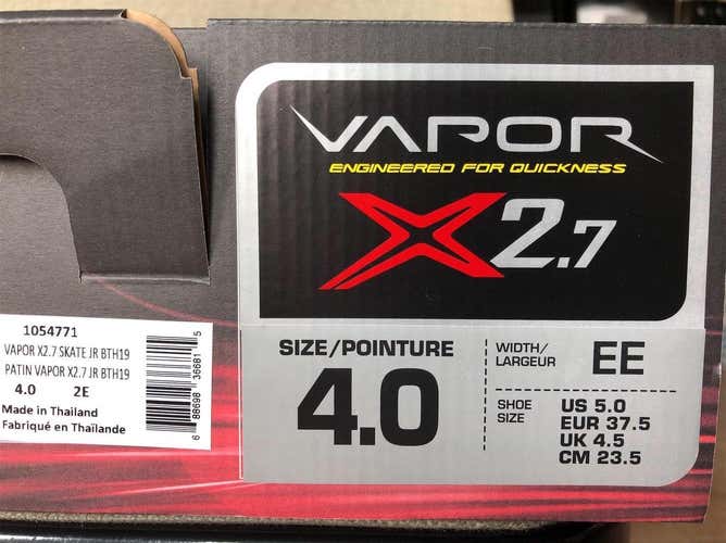 New Bauer Vapor X2.7 Junior Size 4 EE Extra Wide Width Hockey Skates - New In Box