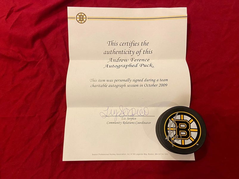 Andrew Ference Signed / Autographed Boston Bruins Team Issued Hockey Puck with Team Letter COA