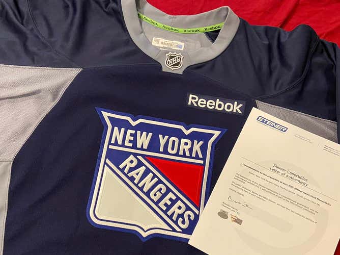 New York Rangers NYR Shield Logo Team Issued Reebok Size 56 Blue Practice Jersey * Steiner COA