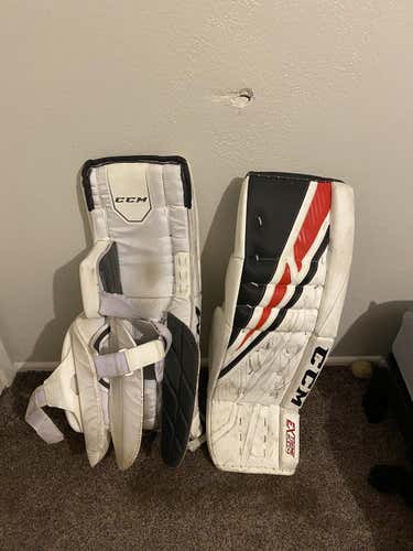 White Used Senior 34" CCM Eflex4 Goalie Leg Pads Pro Stock