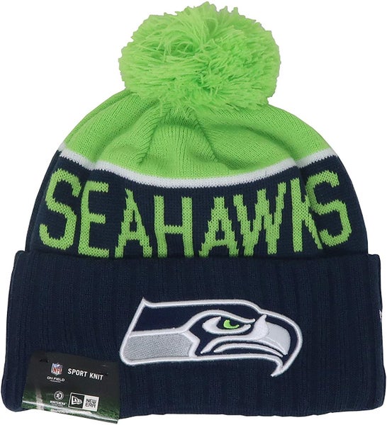 New Era NFL Seattle Seahawks Beanie Navy Blue Green Pom Cuffed On Field  Knit Hat