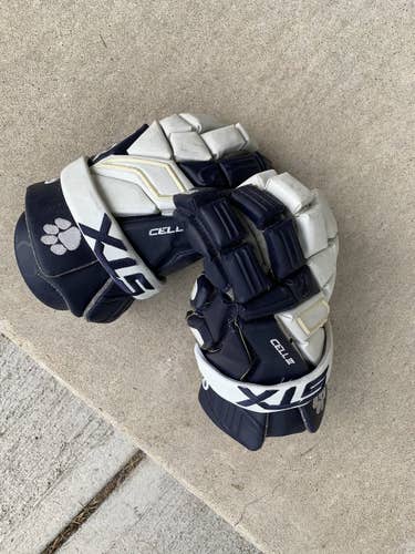 Custom Panthers Navy Blue/White Used STX Cell III Lacrosse Gloves 13"