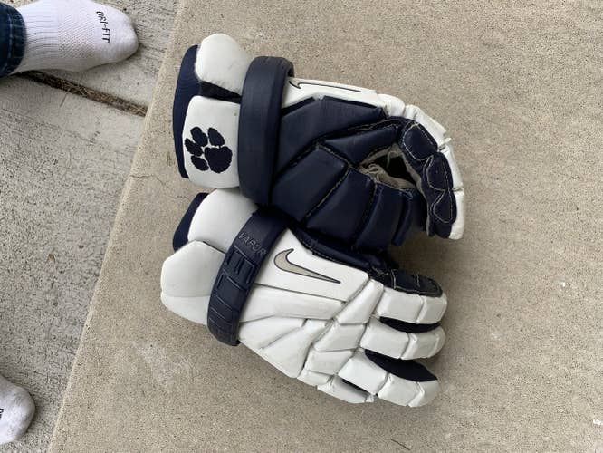 Custom Panthers Navy Blue/White Used Nike Vapor Elite Lacrosse Gloves 13"