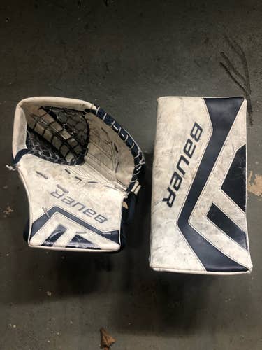 Used White and Blue Intermediate Regular Bauer Supreme One.9 Glove and Blocker
