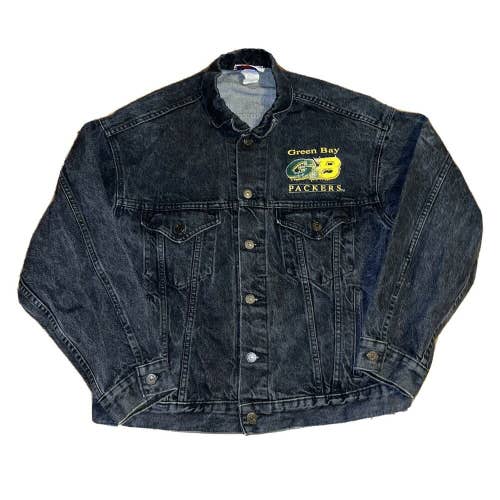 Vintage Green Bay Packers Black Denim Jean Button Jacket Men's Size Large RARE