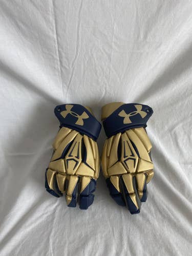 Notre Dame Team Issued Blue/Gold Under Armour Command Pro 2 Lacrosse Gloves 13"