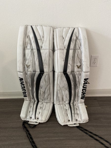 White Used Senior 35" Vaughn Velocity V6 Goalie Leg Pads Pro Stock