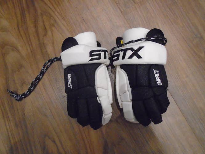 Black and White Used Player's STX Impact Lacrosse Gloves 8"