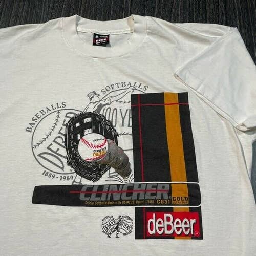 DeBeer Softball T Shirt Mens XL Adult White Vintage 80s Clincher Gold Baseball