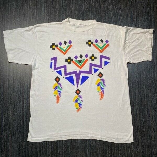 Native American T Shirt Mens Large Adult White Vintage 90s Feather  Patterned USA