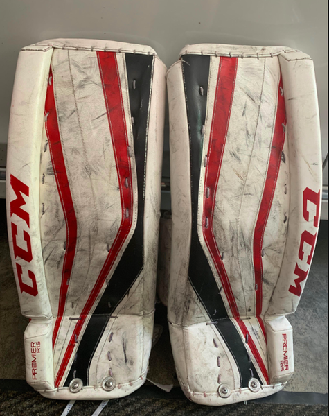 White Used Junior 24" CCM Premier R1.5 Goalie Leg Pads