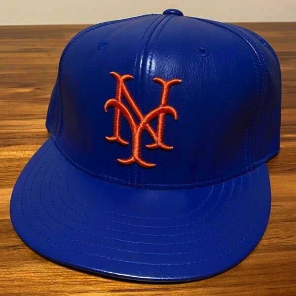 New York Mets Hat Baseball Cap Fitted 7 3/8 Mens Blue Leather MLB Vintage NYM