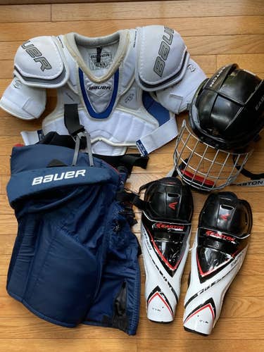 Junior Small Medium Hockey Equip: Bauer Shoulder Pads & Pants, Easton Helmet and Shinguards