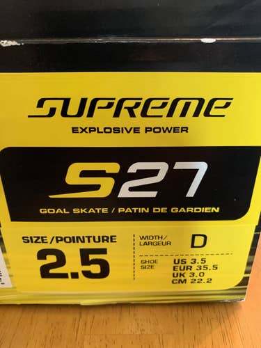 Used Bauer Regular Width Size 2.5 Supreme S27 Hockey Goalie Skates