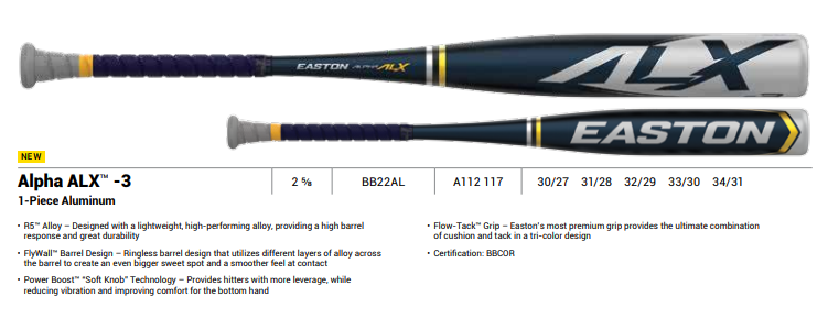 New 2022 "Alpha ALX" -3 Alloy BBCOR BB22AL Easton Baseball Bat