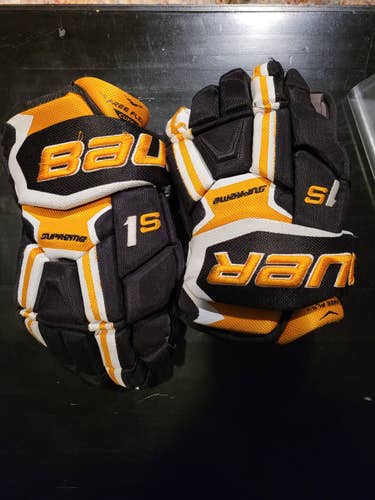 Used Junior Bauer Supreme 1S Gloves 13" Black Gold White