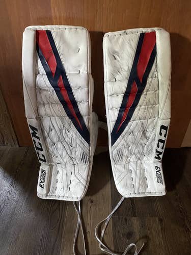 White Used Senior 34" CCM Eflex4 Goalie Leg Pads Pro Stock