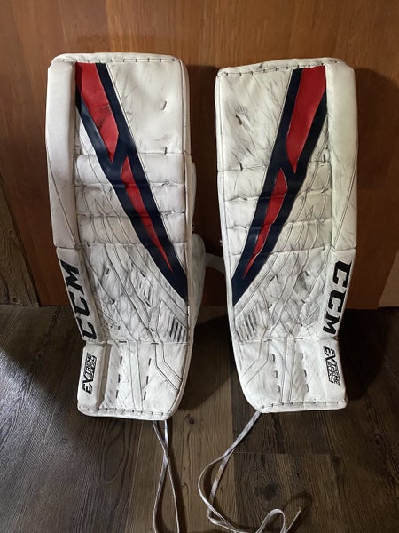White Used Senior 34" CCM Eflex4 Goalie Leg Pads Pro Stock