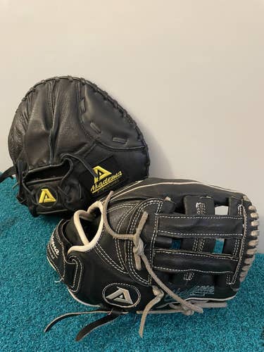 Bundle Set of Used Akadema Right Hand Throw Gloves, 11" Fielding Glove + Infield Training Glove
