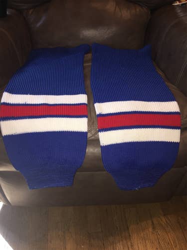 1 PAIR OF  BLUE WITH  WHITE AND RED STIPES  HOCKEY SOCKS SIZE LARGE
