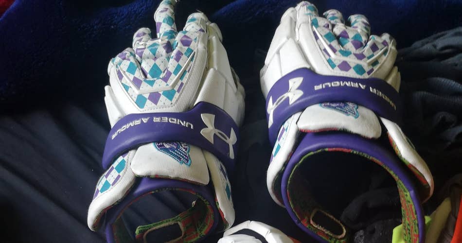 White and purple Under Armour Lacrosse Gloves 13"