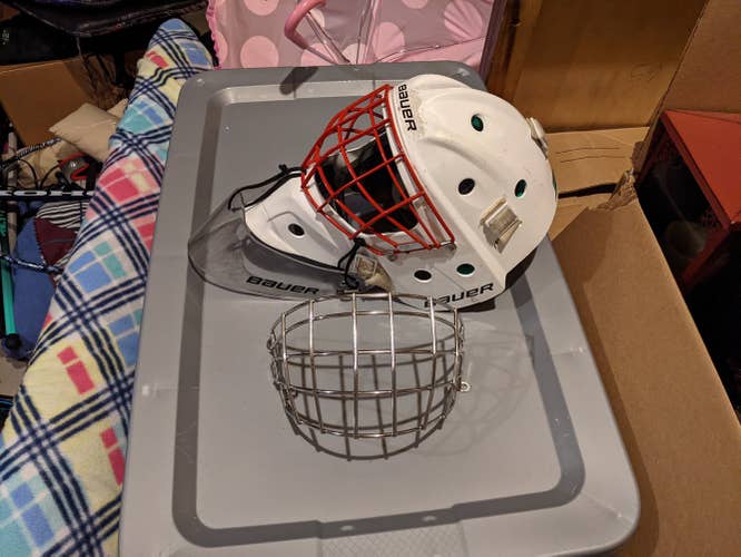 White Junior Used Bauer NME Goalie Mask