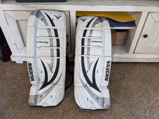 White Used Junior 26" Vaughn Velocity V5 Goalie Leg Pads