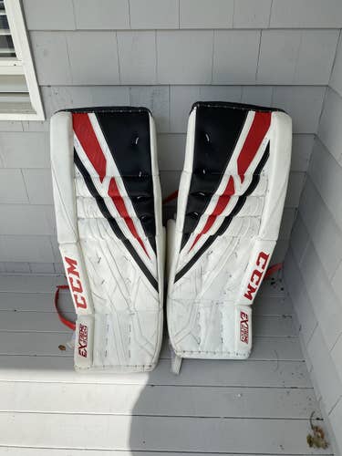 White Used Senior 32" CCM Eflex4 Goalie Leg Pads Pro Stock