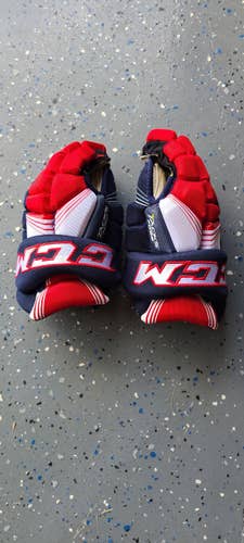 Red, White and Blue Used Junior CCM Tacks 7092 Gloves 11"