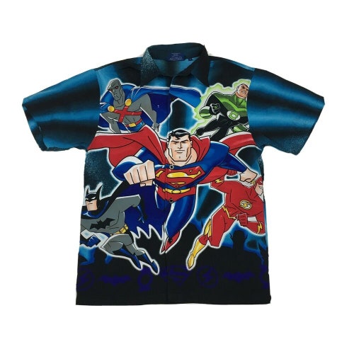 2002 DC Comics Justice League AllOver Print Button Up Short Sleeve Shirt (Small)