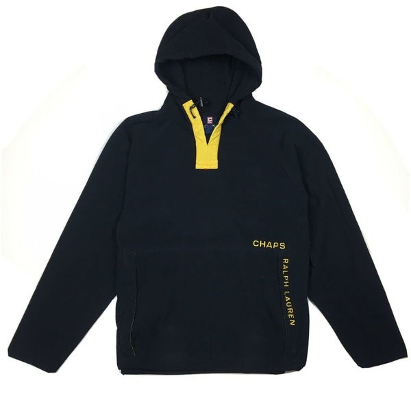 Vintage Chaps by Ralph Lauren Fleece Pullover Hoodie Sweatshirt Black/Yellow (L)