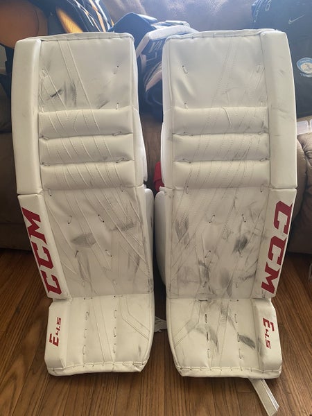 White Senior 34" CCM Extreme Flex E4.5 Goalie Leg Pads