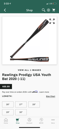 Used 2020 Rawlings Alloy Prodigy Bat (-11) 15 oz 26"