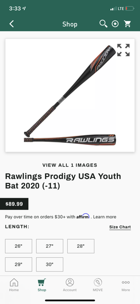 Used 2020 Rawlings Alloy Prodigy Bat (-11) 15 oz 26"
