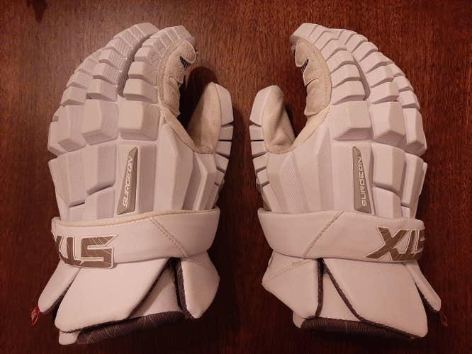 White Used Player's STX Surgeon RZR Lacrosse Gloves 13"