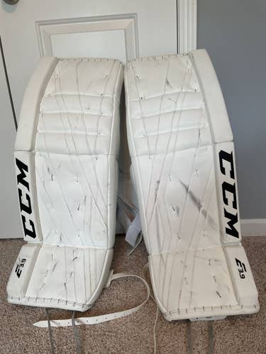 White Used Senior 33+1 CCM Extreme Flex E3.9 Goalie Leg Pads