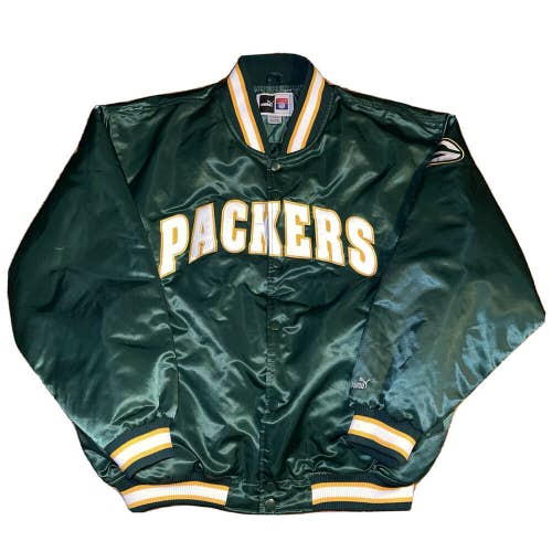 Green Bay Packers Stitched Satin Style Puma Jacket Vintage Retro NFL Size XL/XXL