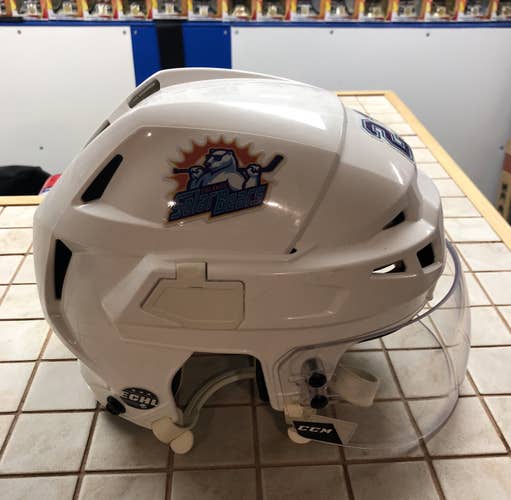 CCM Pro Stock Hockey Helmet Orlando Solar Bears Medium White with CCM Pro Visor #23 ECHL Logo