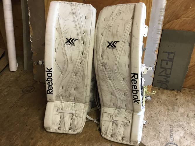 White Used Senior 35" +1, Reebok Premier XLT Goalie Leg Pads