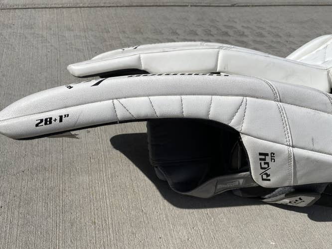 White Junior 28" Warrior Ritual G4 Goalie Leg Pads